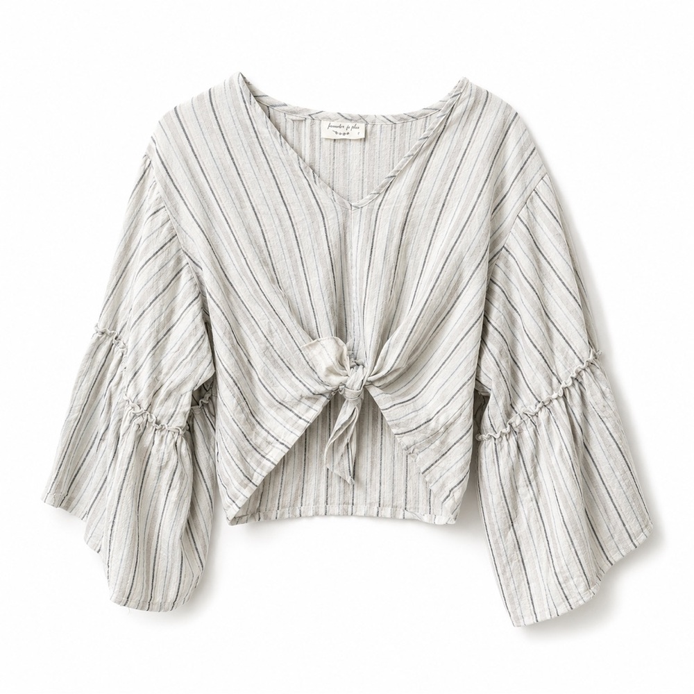 Lavender Field Anthropologie Striped Tie Front Bell Sleeve Top Gauzy Linen S